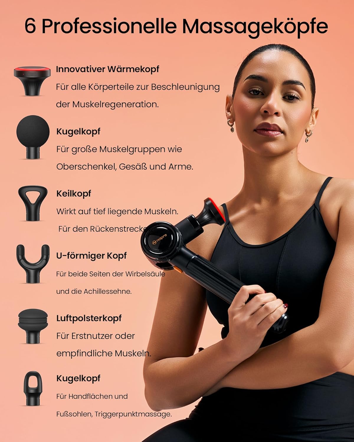 6 professionelle Massageköpfe für alle Körperbereiche