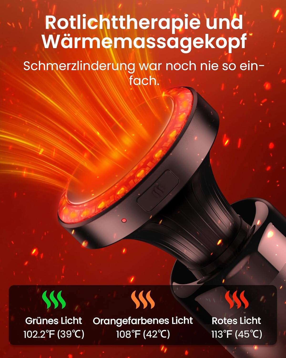 Rotlichttherapie und Wärmemassagekopf mit 3 Temperaturstufen
